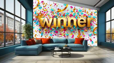 Golden winner word on white background with colorful confetti. Winning vector illustration template. Congratulations with absolutely victory Wall mural