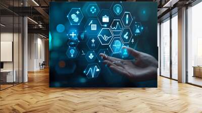 Healthcare system. Medical icons on hexagons made pyramid and hand holding the top element. Health care plane, patient service digital technology, ai integrate, futuristic pharmacy innovation concept Wall mural