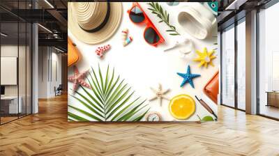 Set of items needed in summer vacation on white background. Banner design Wall mural