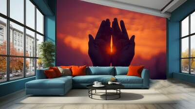 silhouette praying hands with faith in religion and belief in God on blessing background. Power of hope or love and devotion. Hopeful background Wall mural