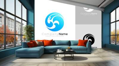 wave logo with circle design vector, blue color Wall mural