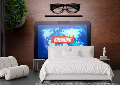 Breaking news live with worlmap background on PC Tablet screen Wall mural