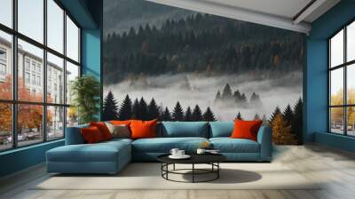 Mystical Autumn Fog in Black Forest, Germany - Enchanting Landscape with Rising Fog, Autumnal Trees, and Firs Wall mural