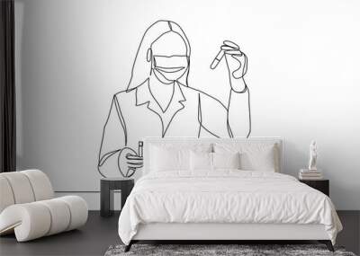 Continuous line drawing of female scientist analyze formula on laboratory tube. One line concept of medical science. vector illustration Wall mural