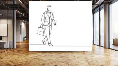 Continuous line drawing of happy young business man holding briefcase. Single one line art of office worker. Vector illustration Wall mural