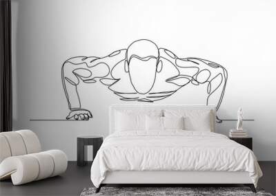 Continuous line drawing of sporty man training push up work out. One line art concept of gym fitness and healthy life style. Vector illustration Wall mural