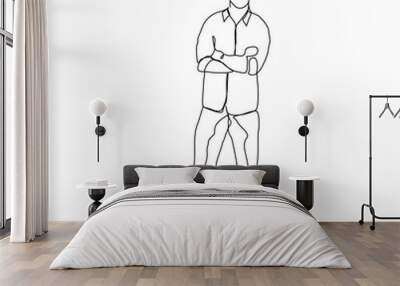 Continuous line drawing of standing man crossing hand gesture. Vector illustration Wall mural