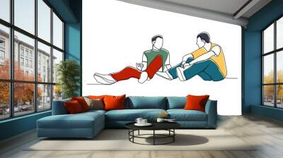 Continuous line drawing of two men sitting and talking discussion. Vector illustration Wall mural