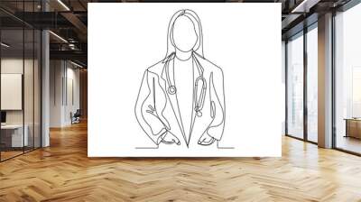 Continuous line drawing of woman doctor with stethoscope. One line art of health care concept. Vector illustration. Wall mural