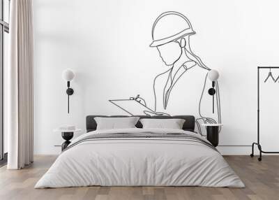 Continuous line drawing of young female architect engineer worker standing while write business note on paper at clipboard wearing safety helmet. One single line business woman workshop concept. Vecto Wall mural