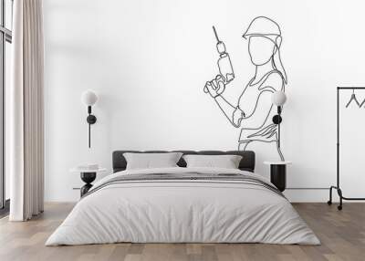 Continuous line drawing of young handy woman wearing uniform while holding drill machine. Single one line art of repair woman construction maintenance service concept. Vector illustration Wall mural