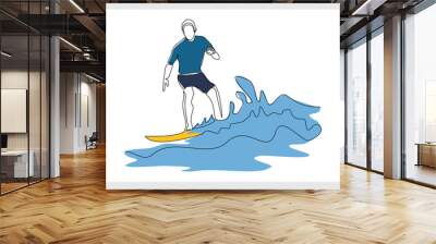 Continuous single line sketch drawing of professional surfing athlete man ride surfboard on big wave. One line art of extreme sport surfer on beach summer vector illustration Wall mural