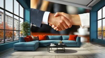 Close-up of a handshake between a man and a woman in a business meeting. Wall mural