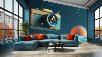 Craft a 3D scene of a vintage camera suspended in space, photographing celestial wonders in a retro sci-fi theme highlighted by muted tones and soft lighting Wall mural