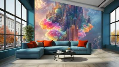 Craft an image of a city perched on a dynamic, colorful cloud, capturing the essence of innovative and otherworldly urban design Wall mural