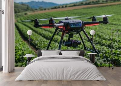 Drone flying over a field of crops for agricultural monitoring. Wall mural