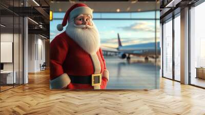 Illustrate a Santa at an airport, vibrant red suit, and white beard contrast against modern surroundings in digital CG 3D Wall mural