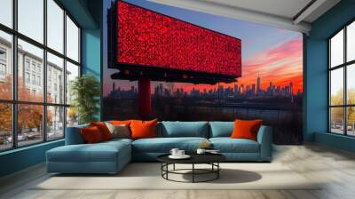 Red digital billboard against a sunset cityscape. Wall mural