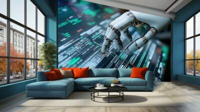 Robotic hand interacting with digital data on a screen. Wall mural