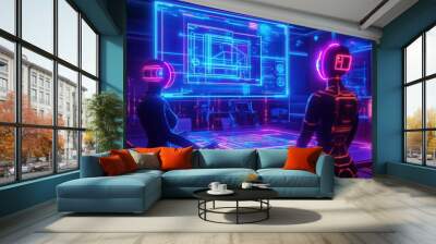 Two futuristic robots working together in a high-tech environment with glowing screens. Wall mural