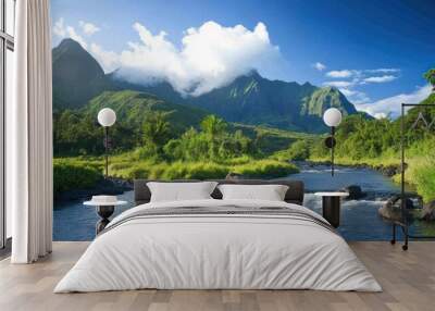 Serene River Flowing Through Lush Green Mountains Wall mural