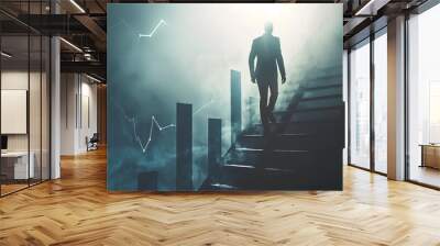 A businessman climbing a ladder towards a bar chart symbolizing success Wall mural