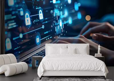 Cybersecurity concept, hands typing on a keyboard with digital lock icon floating above  Wall mural