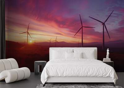 Wind turbine field at sunset, renewable energy and environmental focus Wall mural