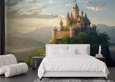 castle at the hill of a scenic landscape. majestic castle perched. fantasy landscape with ancient castle realistic Wall mural