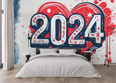 new year 2024 blue and red party graffiti Wall mural