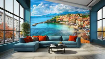 A small town on the coast of the island with crystal water and clouds  Wall mural