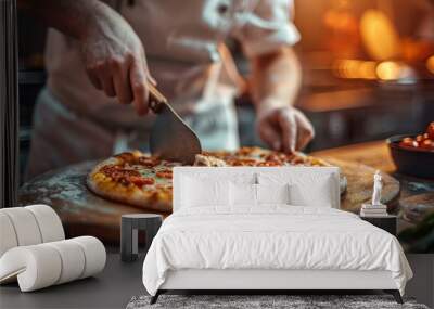 Chef slicing pizza on wooden board in kitchen. Wall mural