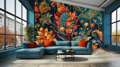 Indonesian batik motifs with very distinctive plant and peacock patterns AI generated Wall mural