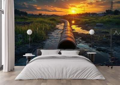 Sunset Over Pipe in Marshy Landscape Wall mural