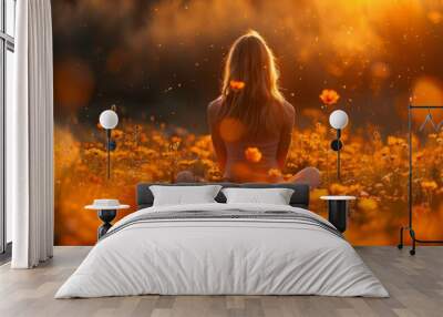 Woman meditating in orange flower field at sunset Wall mural