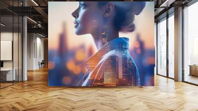 Double exposure photography of a pretty woman with white hair with cityscape in the evening Wall mural