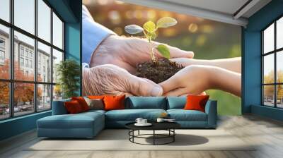 Old man and teenager holding small sprout together. Old man giving small sprout to teenager. Environmental sustainability go green photo concept. Generative AI Wall mural