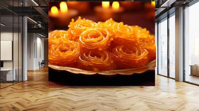 A  picture of a delightful plate of jalebi on a deep orange background, capturing the sweetness of Indian desserts. Wall mural