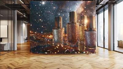 A set of glitter nail polish bottles in sparkling silver and gold, arranged against a backdrop of celestial stars and galaxies, capturing the magic and allure of the cosmos. Wall mural