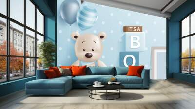 It’s a boy. 3d Baby shower banner with cute bear, wooden toy and flags on blue background for kid banner, baby shower invitation, birthday greeting card, social media, wallpaper and website.  vector	 Wall mural