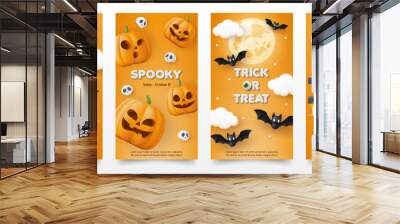 Set of 3d Happy Halloween invitation card template with pumpkin, moon, skull, cute ghost on orange background. Spooky party poster, online shop, sale promotion banner store, web and social media post Wall mural