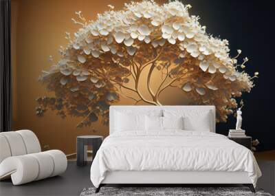 3d picture of a golden tree with white flower beautiful design background. Generative Ai Wall mural