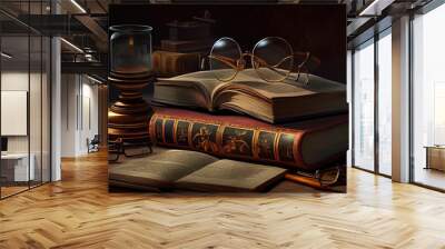 A vintage pile of five old brown leather books with eye glasses on a wood table. Generative Ai Wall mural