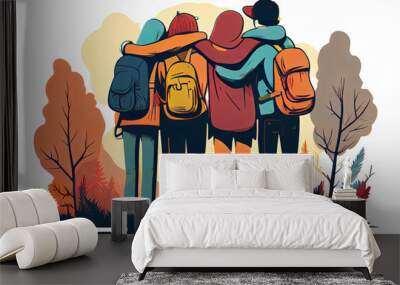 Adventure, travel, tourism, leisure and love concept loving couple relaxing by the lake in woods. Generative Ai Wall mural