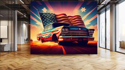 Beautiful US vintage convertible in pink, exempted for image montages. Generative Ai Wall mural