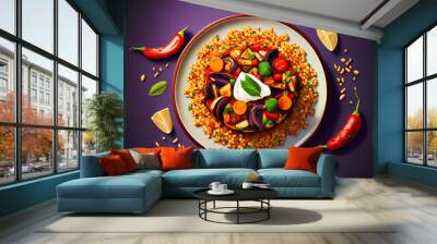 bulgur stewed with eggplants carrots garlic and onions in a bowl on a towel again vegetables. Generative Ai Wall mural