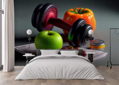 close up of dumbbell, fruits and measuring tape. Generative Ai Wall mural