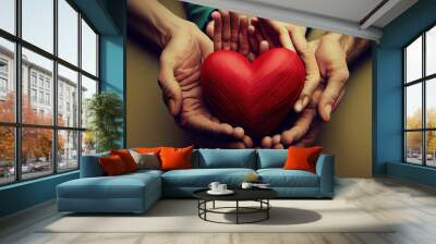 Family holding small red heart in hands on color background. Generative Ai Wall mural