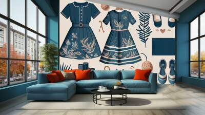 Flat lay set of feminine clothe in marine style for mother and daughter. Generative Ai Wall mural