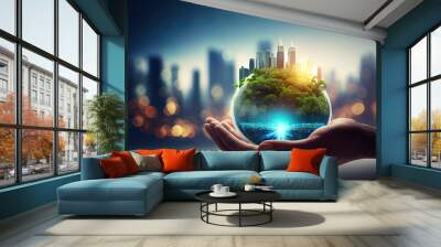 hands holding tree and earth globe over green and city background. Generative Ai Wall mural